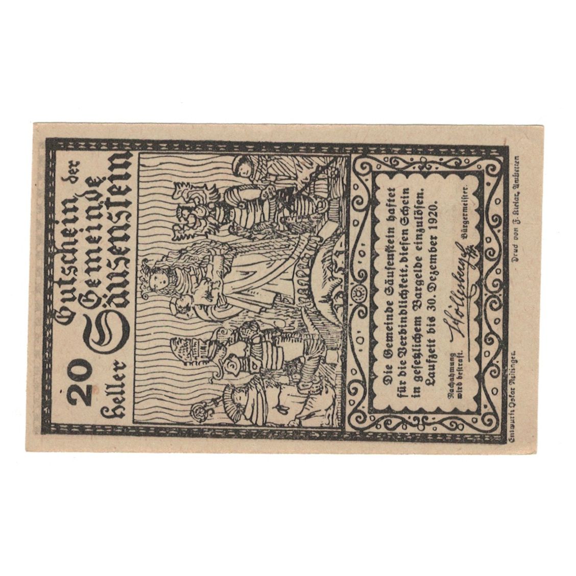 Banknote, Austria, Säusenstein N.Ö. Gemeinde, 20 Heller, personnage 1, 1920