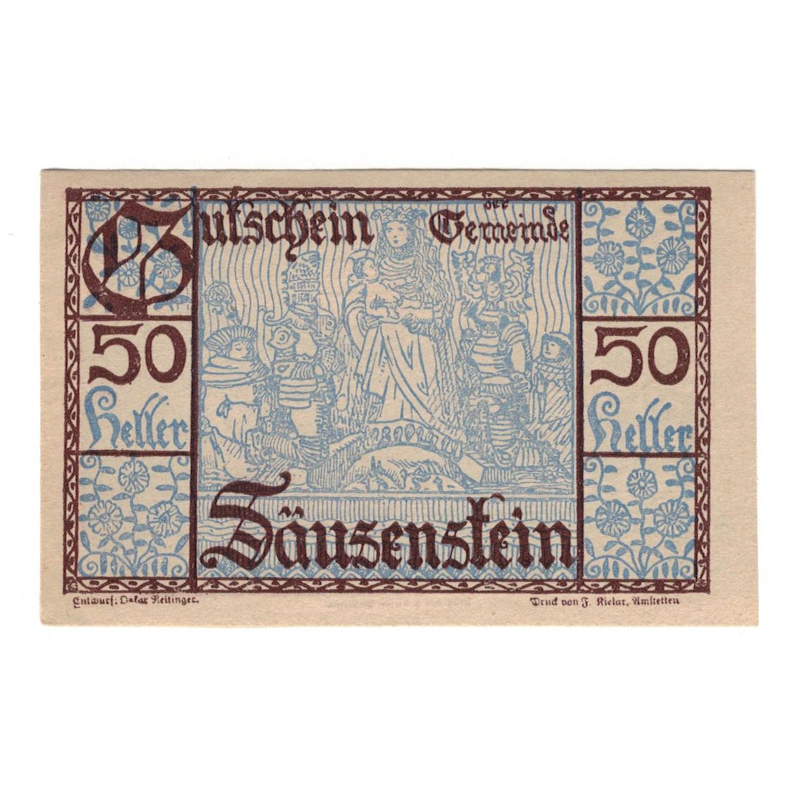 Nota, Áustria, Säusenstein N.Ö. Gemeinde, 50 Heller, paysage, 1920