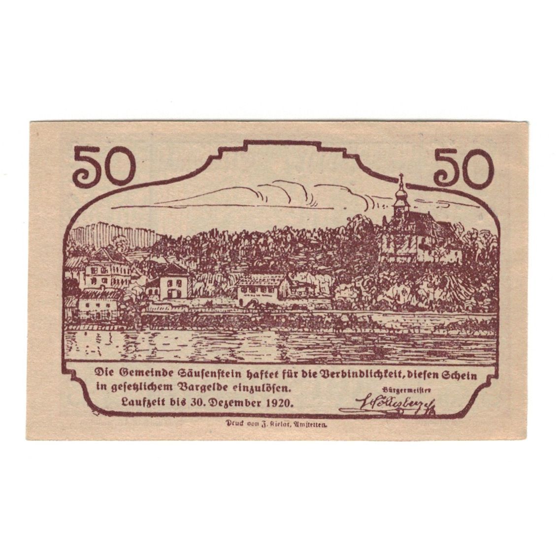 Nota, Áustria, Säusenstein N.Ö. Gemeinde, 50 Heller, paysage, 1920