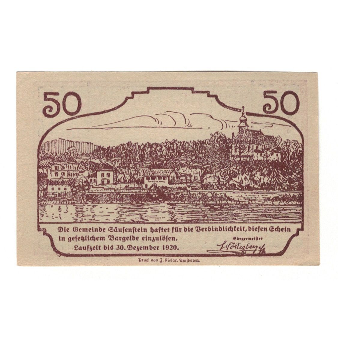 Banknote, Austria, Säusenstein N.Ö. Gemeinde, 50 Heller, paysage 1, 1920