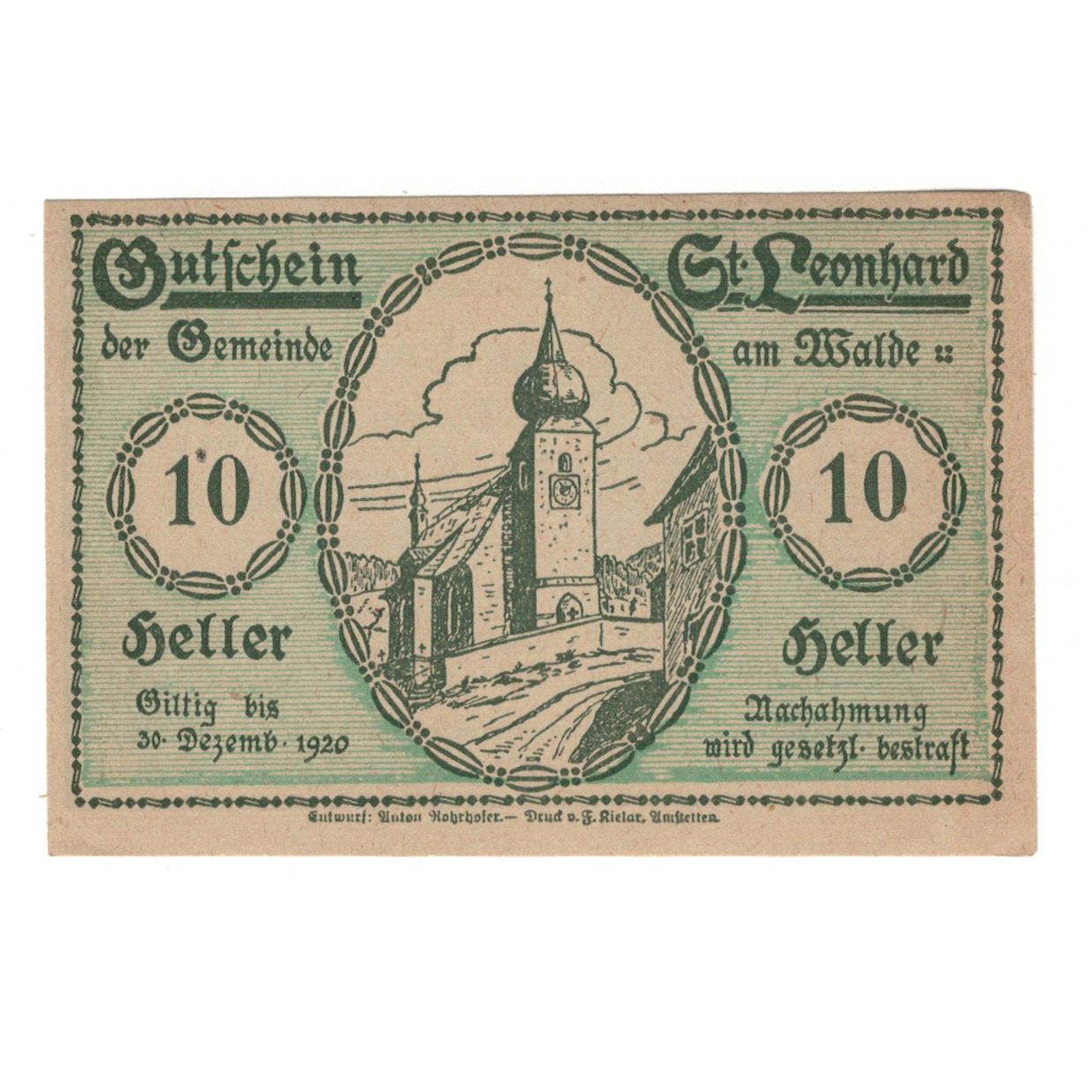 Banknote, Austria, St. Leonhard am Walde N.Ö. Gemeinde, 10 Heller, personnage
