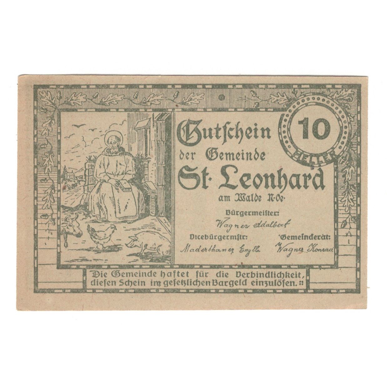 Banknote, Austria, St. Leonhard am Walde N.Ö. Gemeinde, 10 Heller, personnage