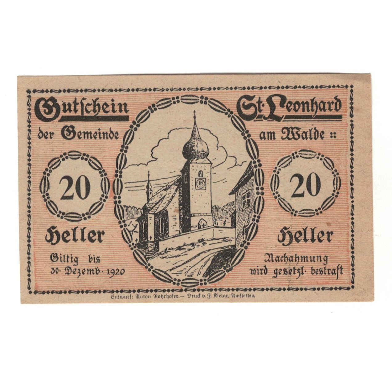 Banknote, Austria, St. Leonhard am Walde N.Ö. Gemeinde, 20 Heller, personnage