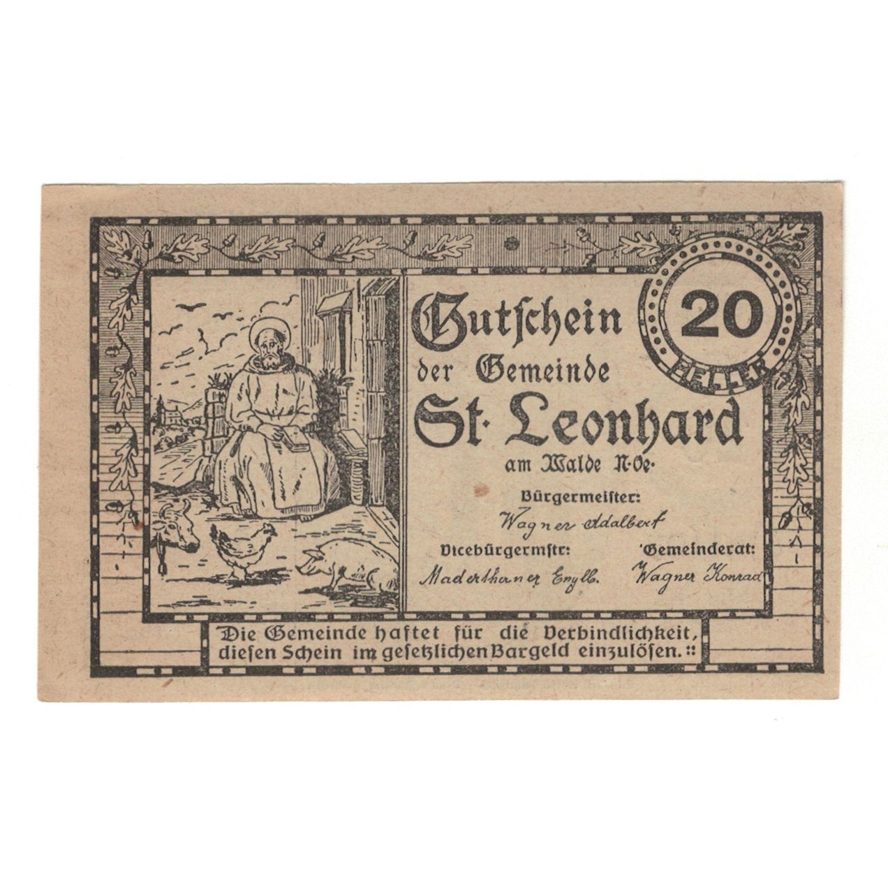 Banknote, Austria, St. Leonhard am Walde N.Ö. Gemeinde, 20 Heller, personnage