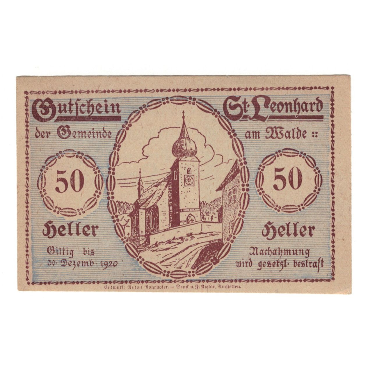 Banknote, Austria, St. Leonhard am Walde N.Ö. Gemeinde, 50 Heller, personnage