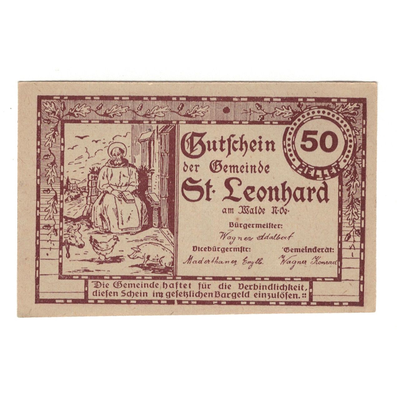 Banknote, Austria, St. Leonhard am Walde N.Ö. Gemeinde, 50 Heller, personnage