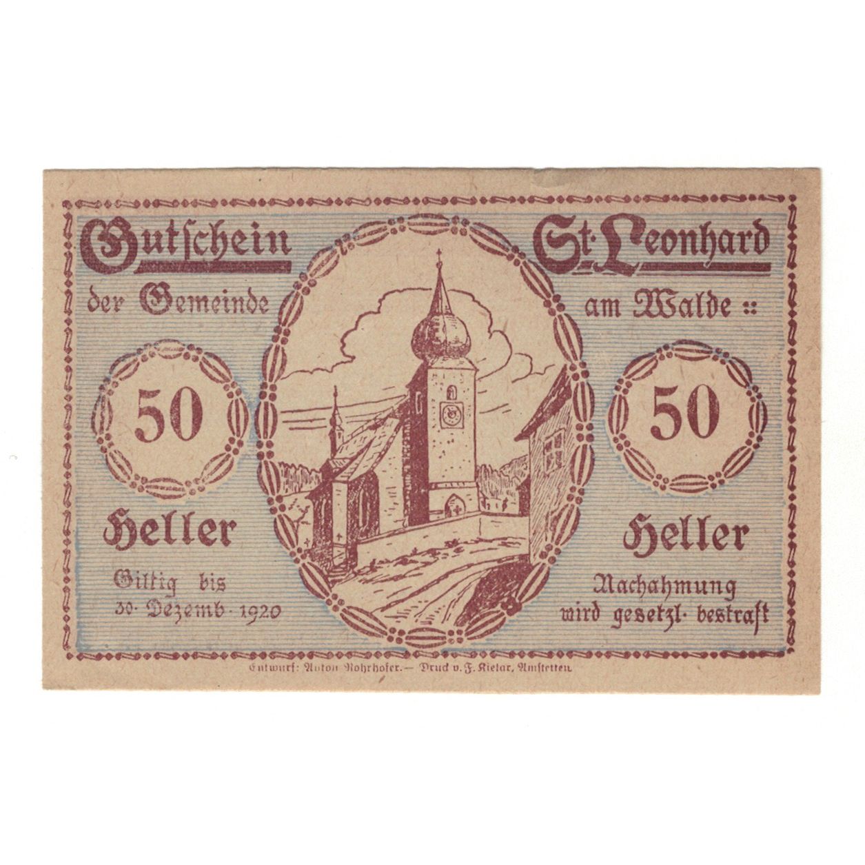Banconote, Austria, St. Leonhard am Walde N.Ö. Gemeinde, 50 Heller, personnage