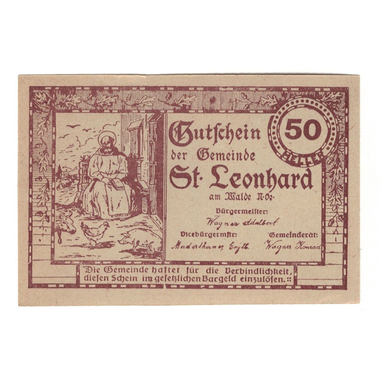 Banconote, Austria, St. Leonhard am Walde N.Ö. Gemeinde, 50 Heller, personnage