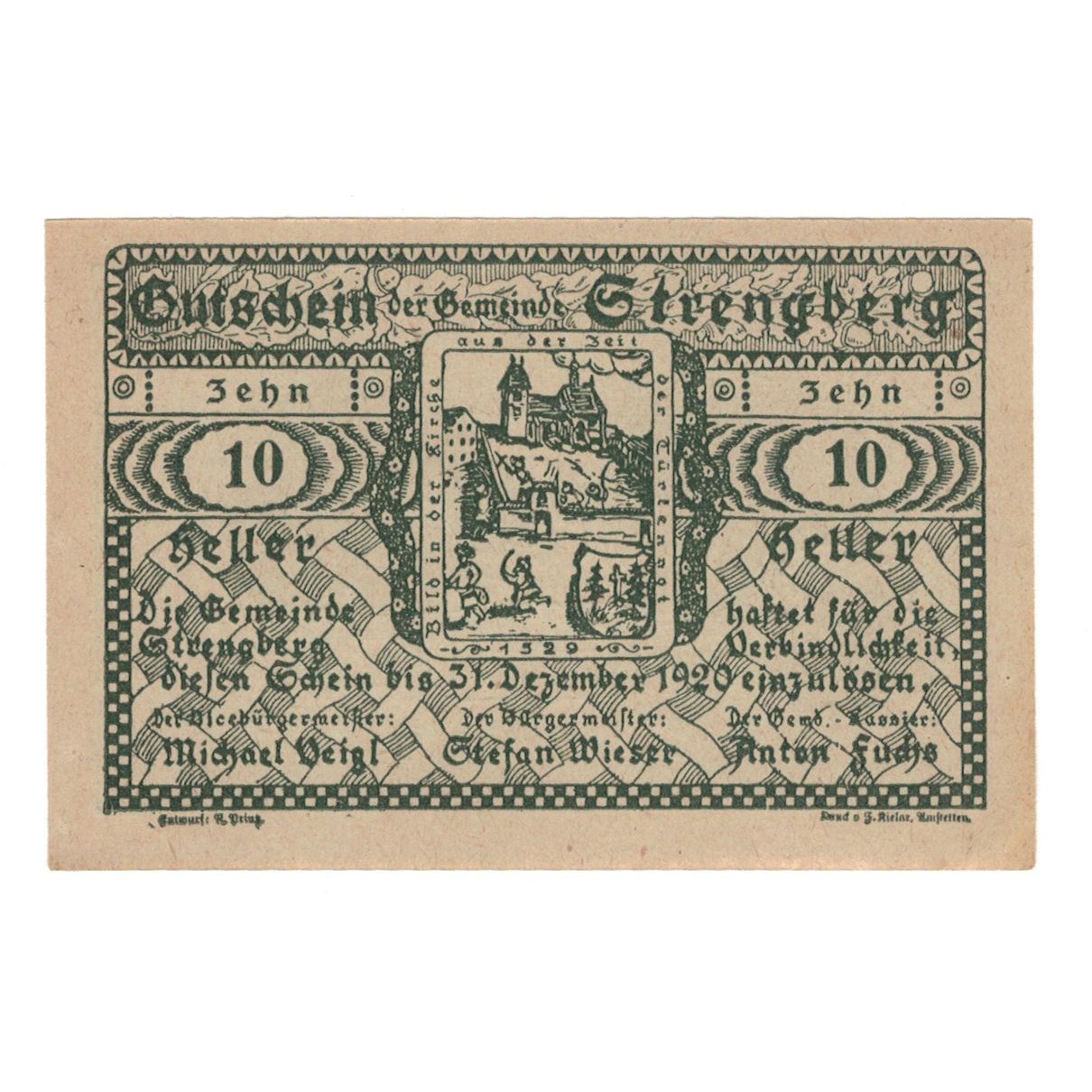 Banknote, Austria, Strengberg N.Ö. Gemeinde, 10 Heller, Texte, 1920