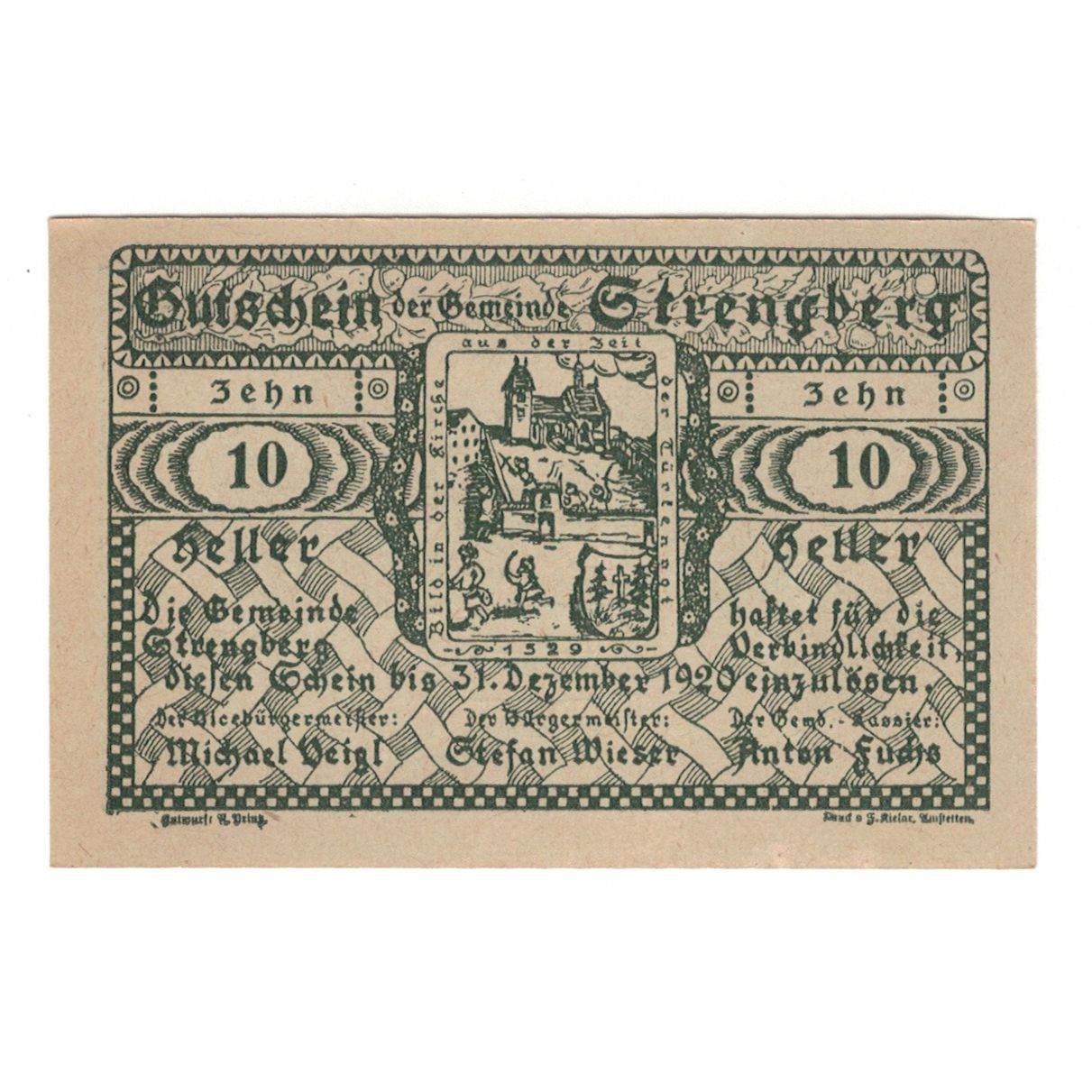 Nota, Áustria, Strengberg N.Ö. Gemeinde, 10 Heller, texte 1, 1920, 1920-12-31