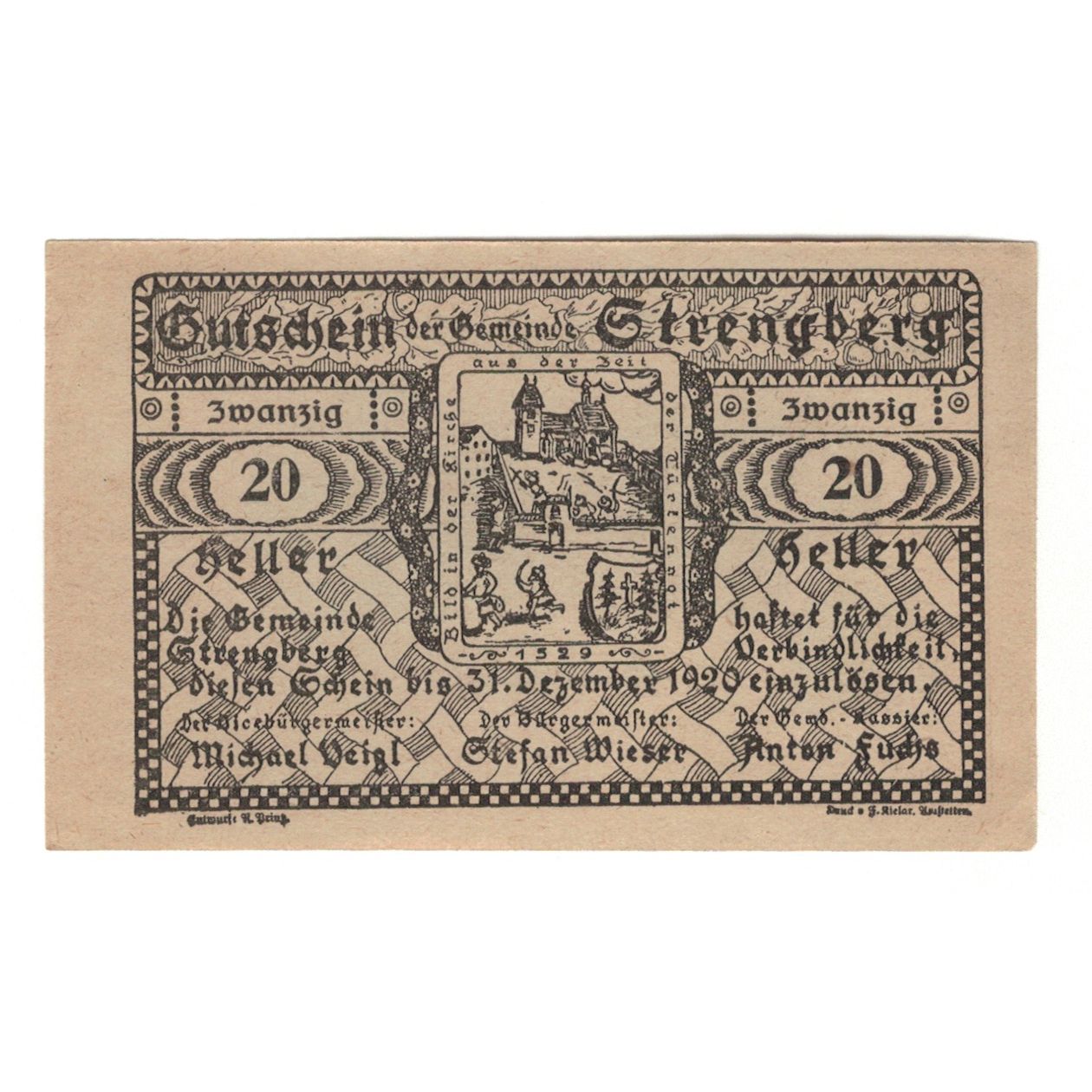 Banknote, Austria, Strengberg N.Ö. Gemeinde, 20 Heller, Texte, 1920