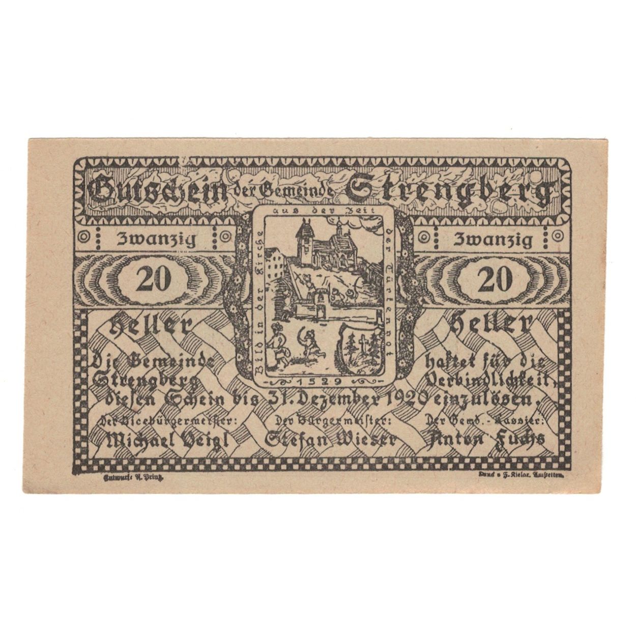 Banknote, Austria, Strengberg N.Ö. Gemeinde, 20 Heller, texte 1, 1920