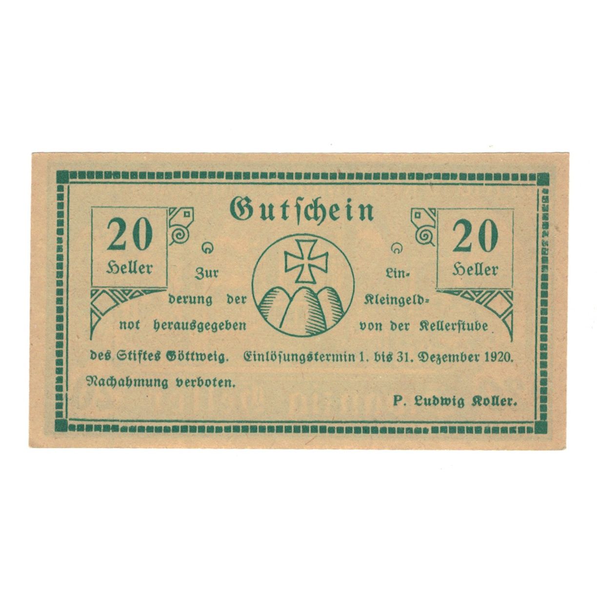 Nota, Áustria, Göttweig N.Ö. Prv. Kellerstube Göttweig, 20 Heller, Texte