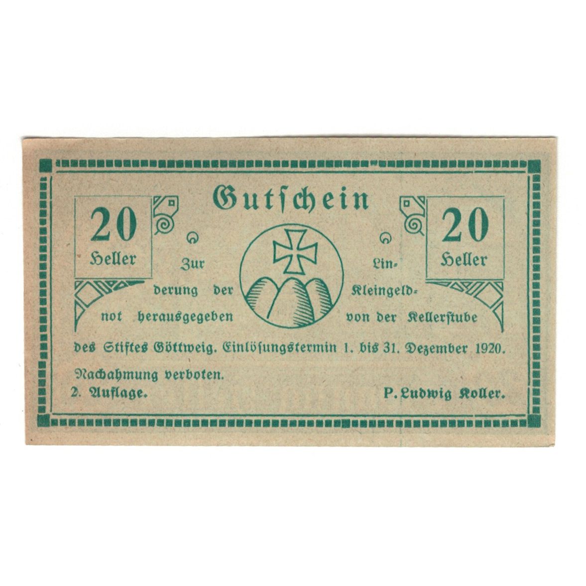 Nota, Áustria, Göttweig N.Ö. Prv. Kellerstube Göttweig, 20 Heller, texte 1