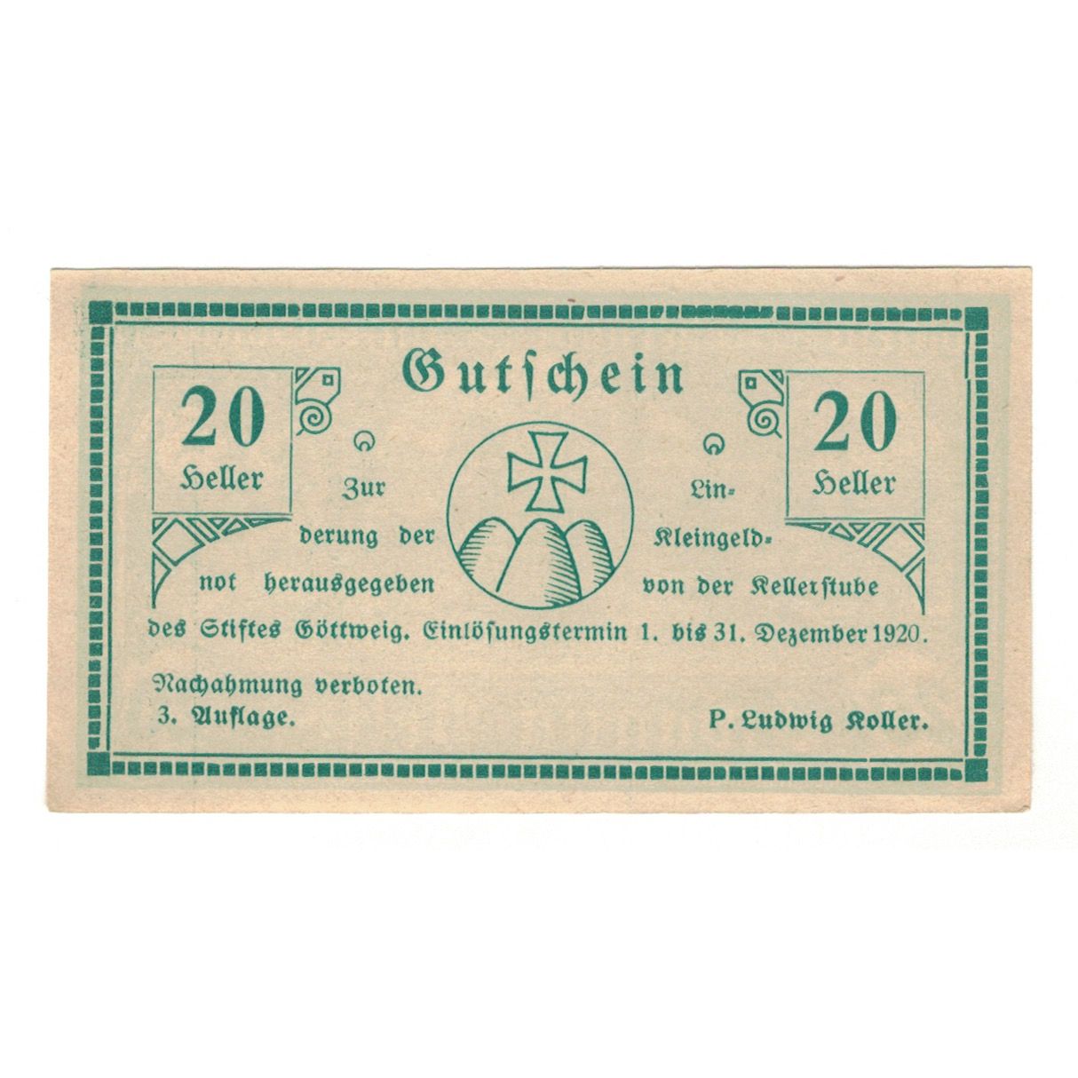 Nota, Áustria, Göttweig N.Ö. Prv. Kellerstube Göttweig, 20 Heller, Texte 2