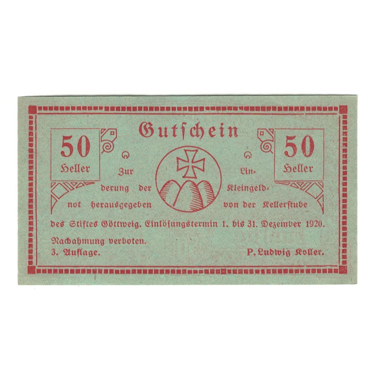 Banknote, Austria, Göttweig N.Ö. Prv. Kellerstube Göttweig, 50 Heller, texte