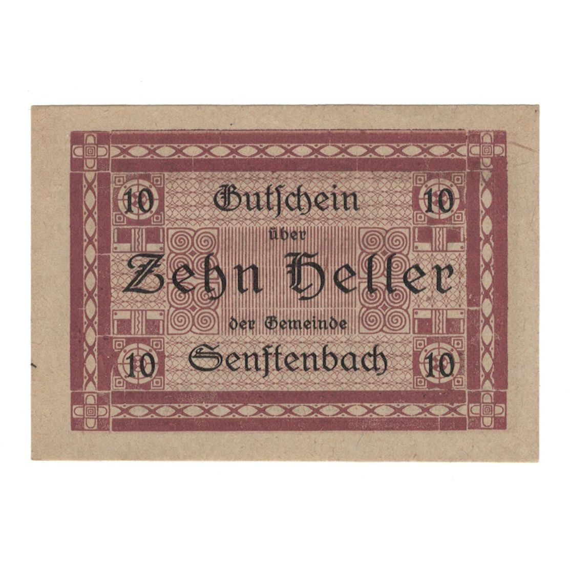 Banknot, Austria, Senftenbach O.Ö. Gemeinde, 10 Heller, Texte, 1920