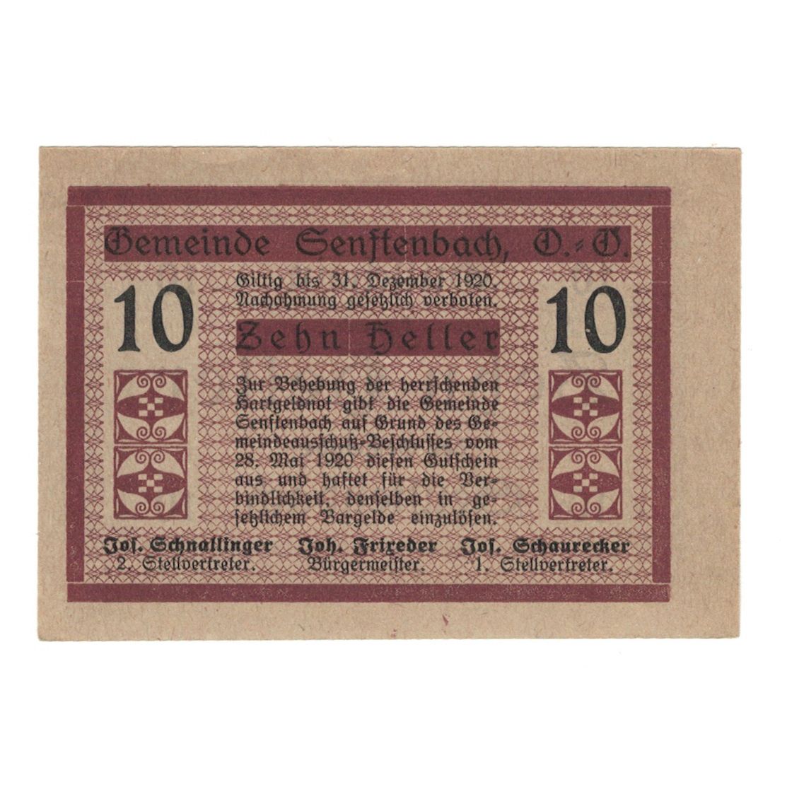 Banknot, Austria, Senftenbach O.Ö. Gemeinde, 10 Heller, Texte, 1920
