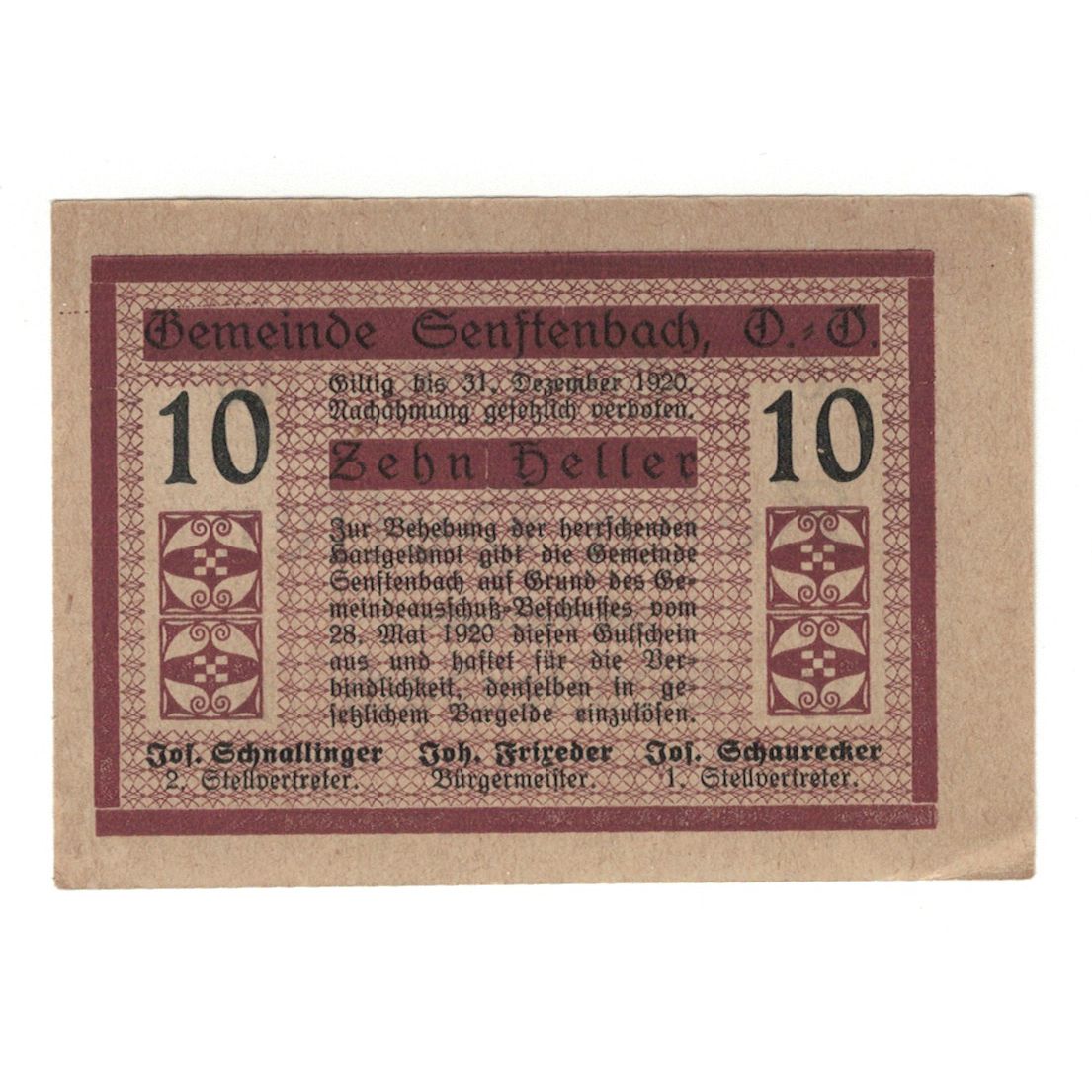 Banknot, Austria, Senftenbach O.Ö. Gemeinde, 10 Heller, texte 1, 1920