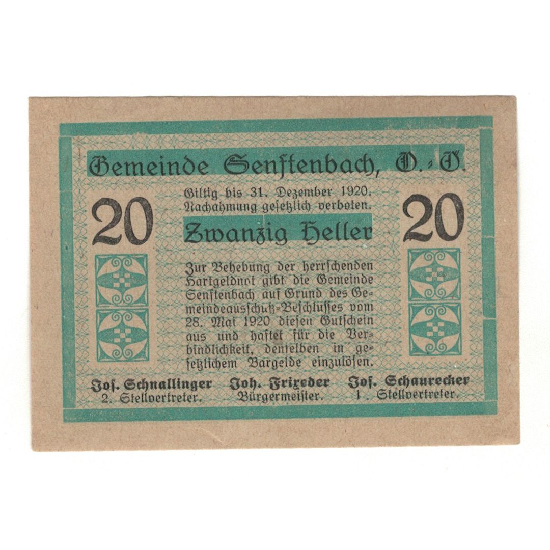 Nota, Áustria, Senftenbach O.Ö. Gemeinde, 20 Heller, Texte, 1920, 1920-12-31