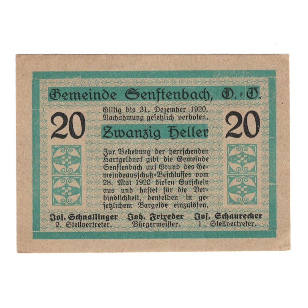 Banknot, Austria, Senftenbach O.Ö. Gemeinde, 20 Heller, texte 1, 1920