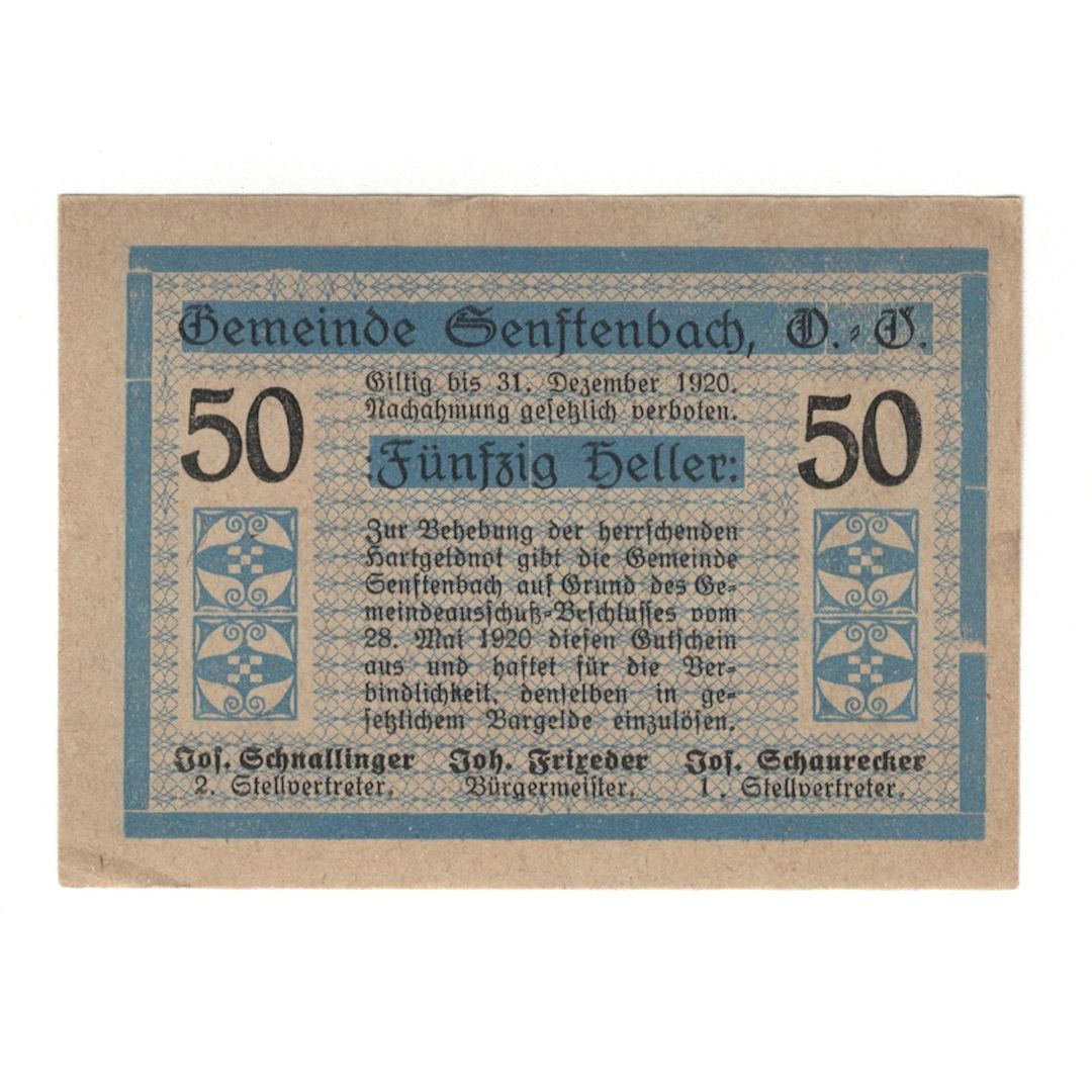 Banknot, Austria, Senftenbach O.Ö. Gemeinde, 50 Heller, Texte, 1920