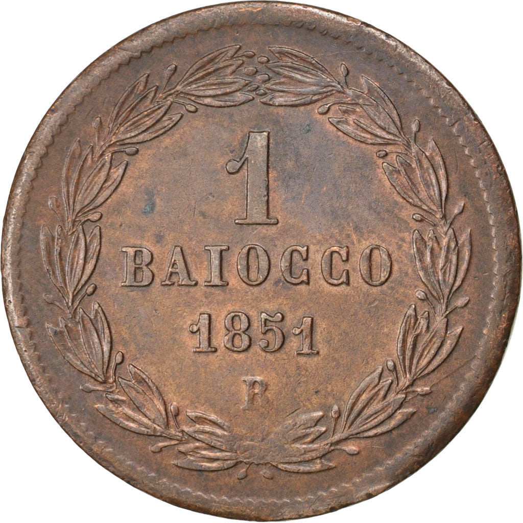 ITALIAN STATES, PAPAL STATES, Pius IX, Baiocco, 1851, Rome, Copper, AU(50-53)