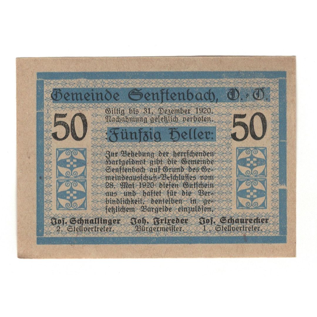 Nota, Áustria, Senftenbach O.Ö. Gemeinde, 50 Heller, texte 1, 1920