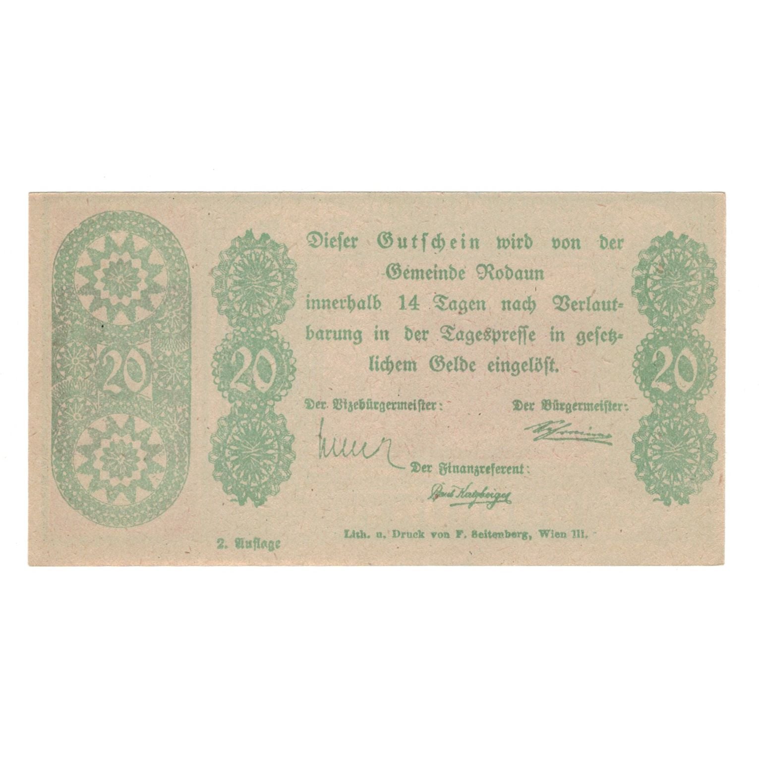 Banknot, Austria, Rodaun N.Ö. Gemeinde, 20 Heller, Texte 2, AU(55-58), Mehl:FS
