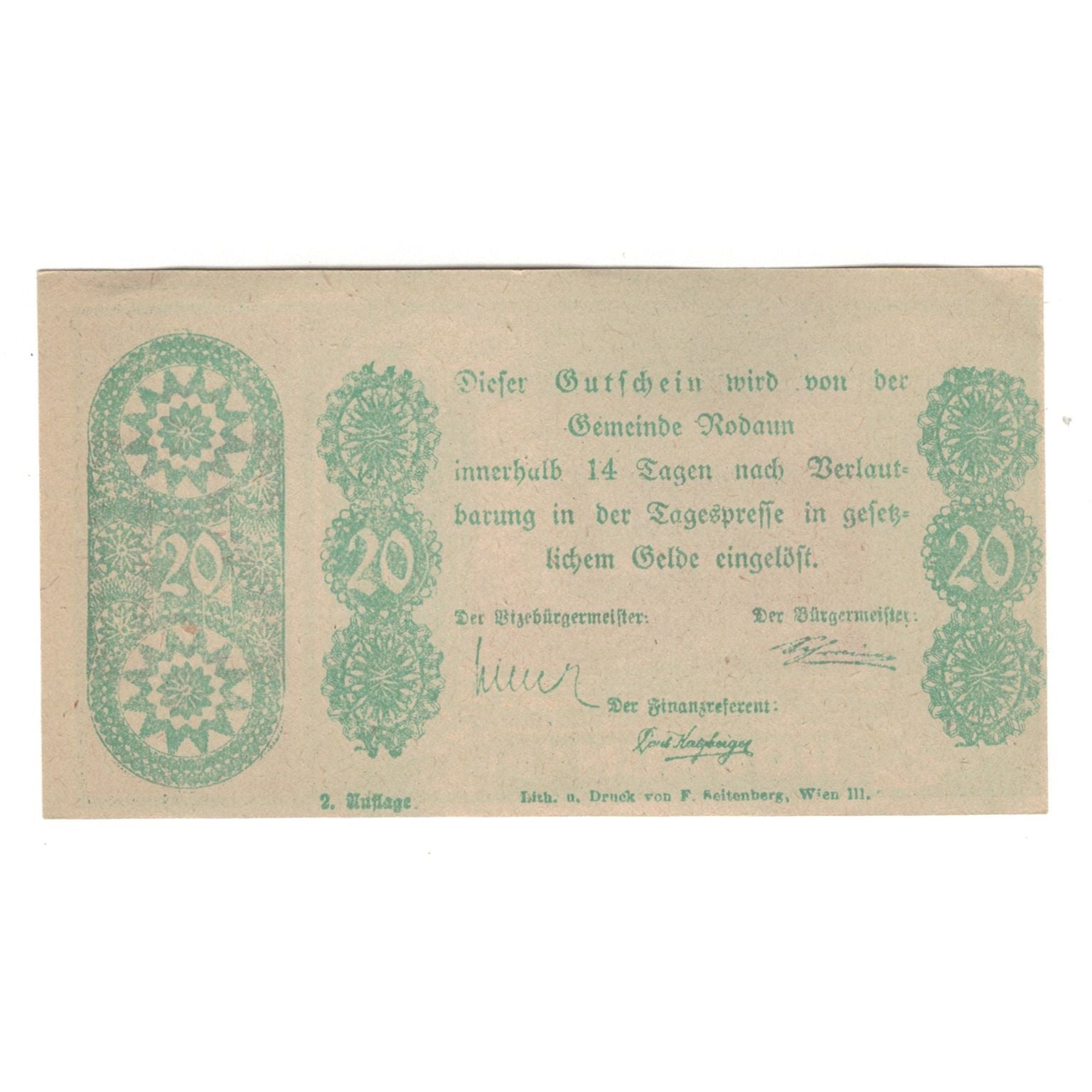 Billet, Autriche, Rodaun N.Ö. Gemeinde, 20 Heller, Texte 3, SUP, Mehl:FS 840II