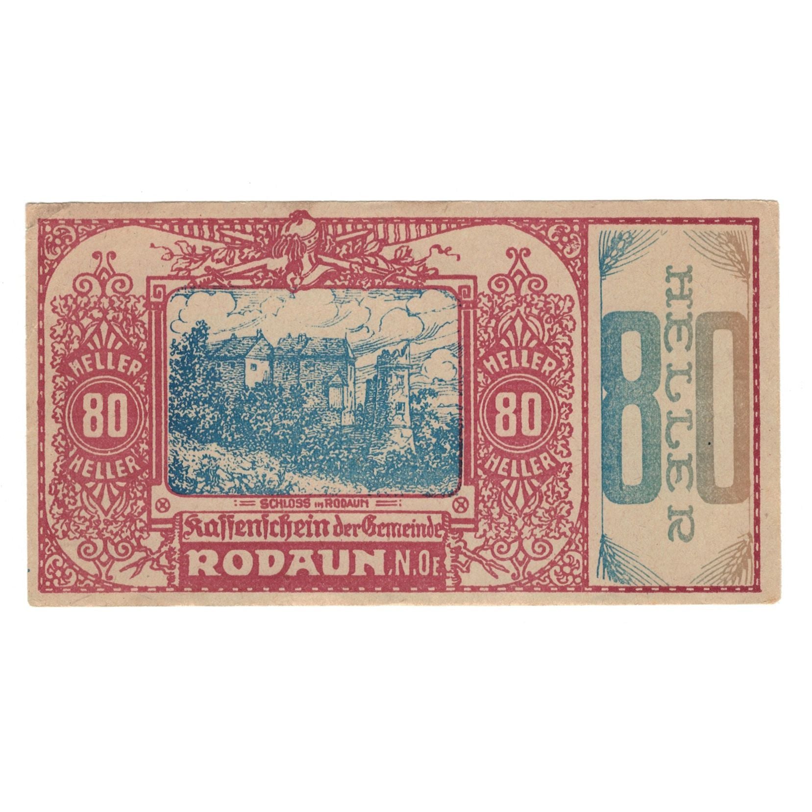 Billet, Autriche, Rodaun N.Ö. Gemeinde, 80 Heller, Texte, SUP, Mehl:FS 840II