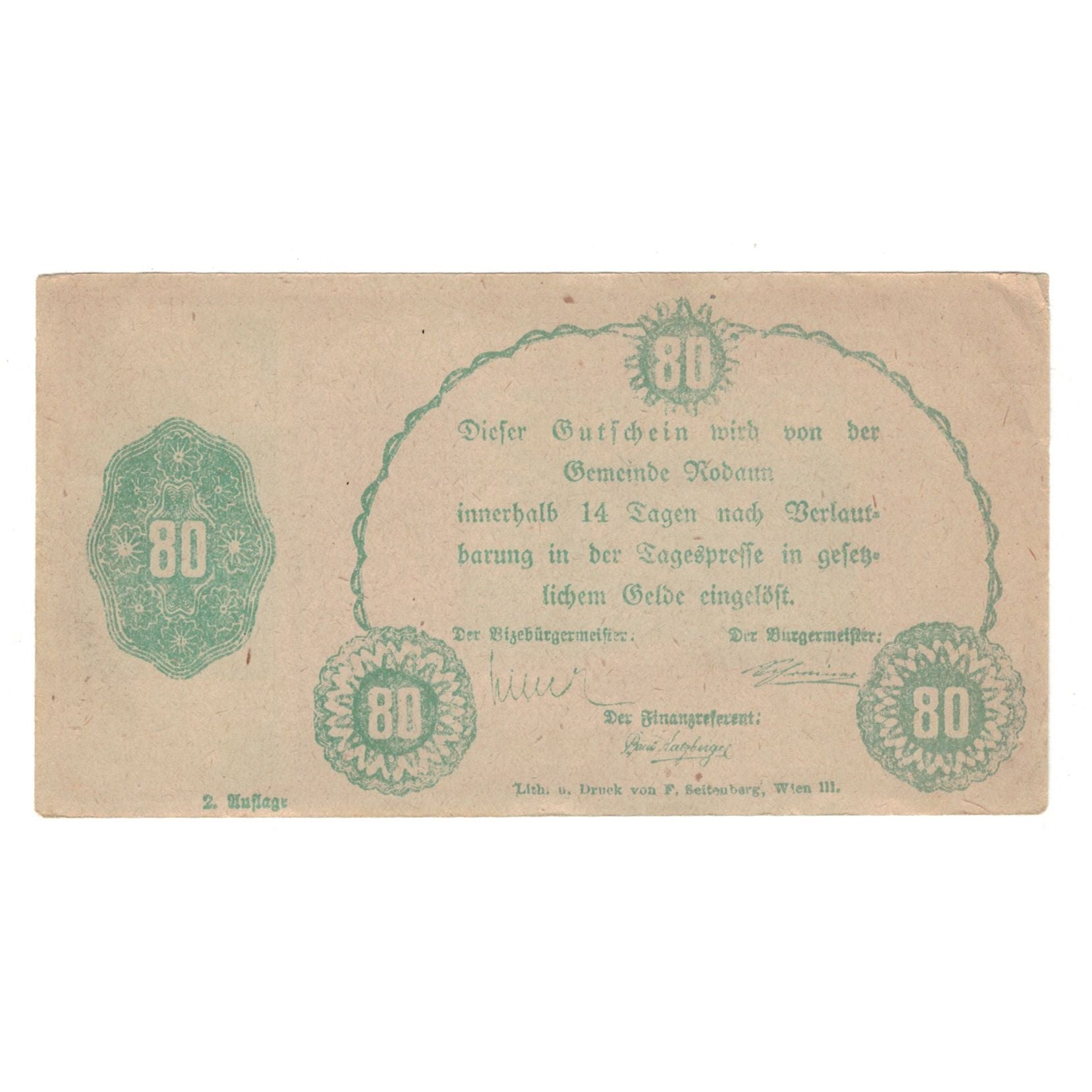 Billet, Autriche, Rodaun N.Ö. Gemeinde, 80 Heller, Texte, SUP, Mehl:FS 840II
