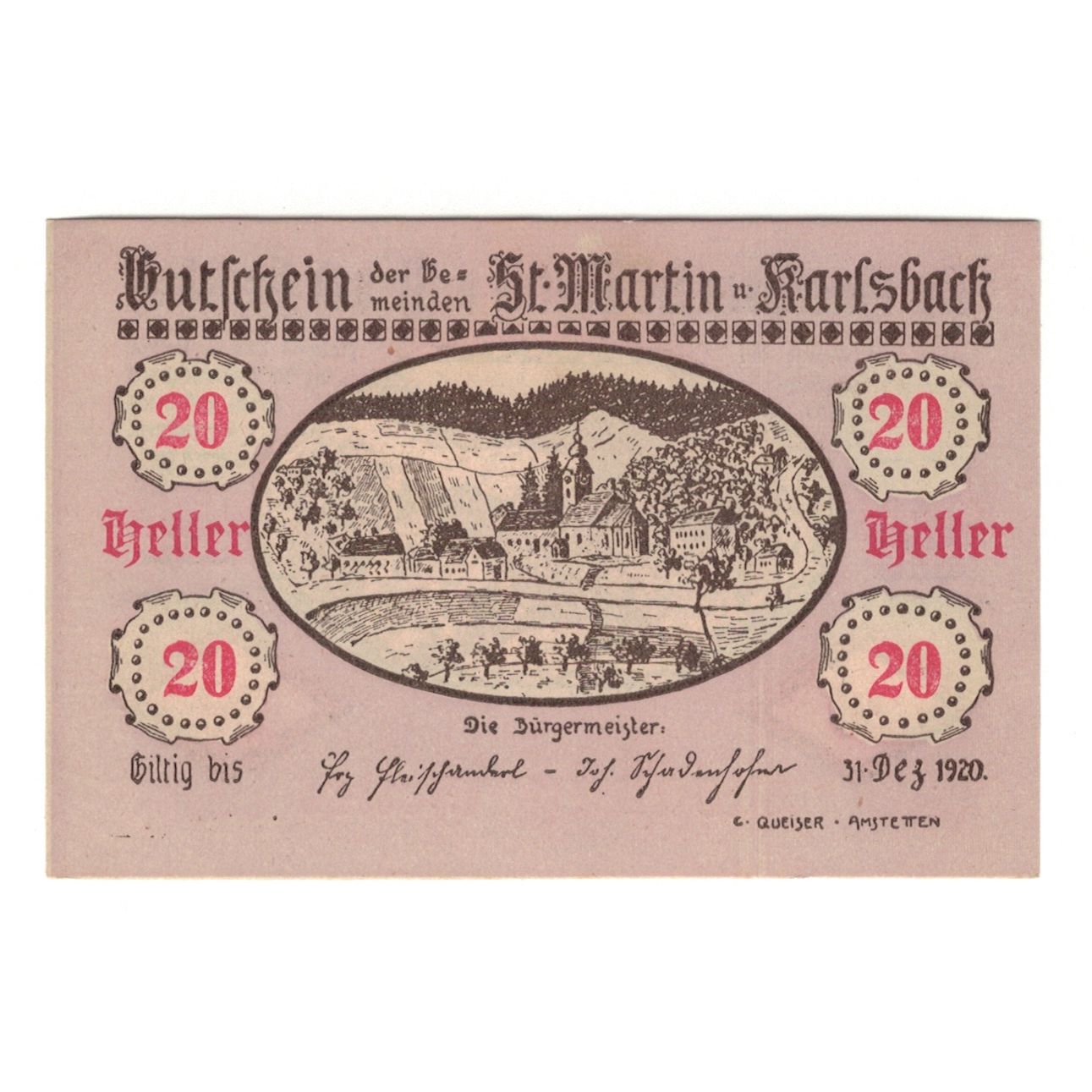 Billet, Autriche, St. Martin a.Y. und Karlsbach N.Ö. Gemeinden, 20 Heller