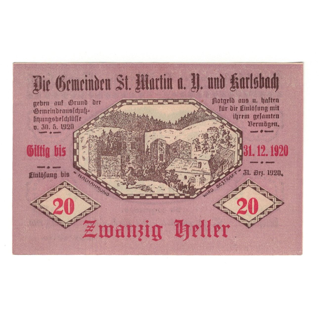 Billet, Autriche, St. Martin a.Y. und Karlsbach N.Ö. Gemeinden, 20 Heller