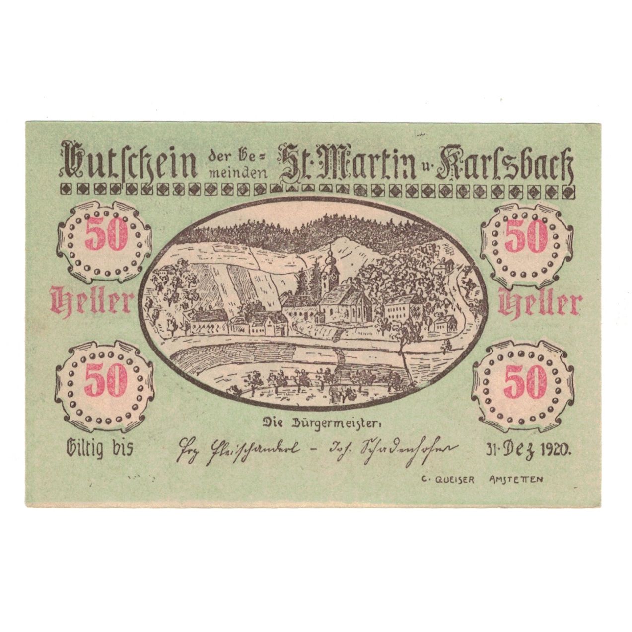 Nota, Áustria, St. Martin a.Y. und Karlsbach N.Ö. Gemeinden, 50 Heller