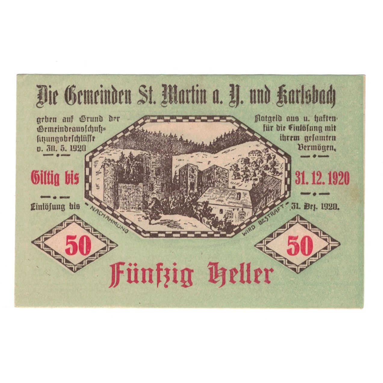 Nota, Áustria, St. Martin a.Y. und Karlsbach N.Ö. Gemeinden, 50 Heller
