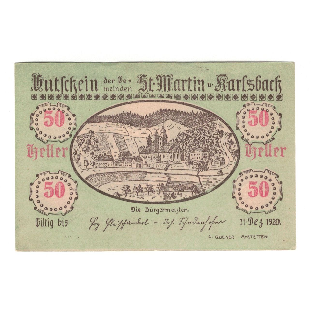 Billet, Autriche, St. Martin a.Y. und Karlsbach N.Ö. Gemeinden, 50 Heller
