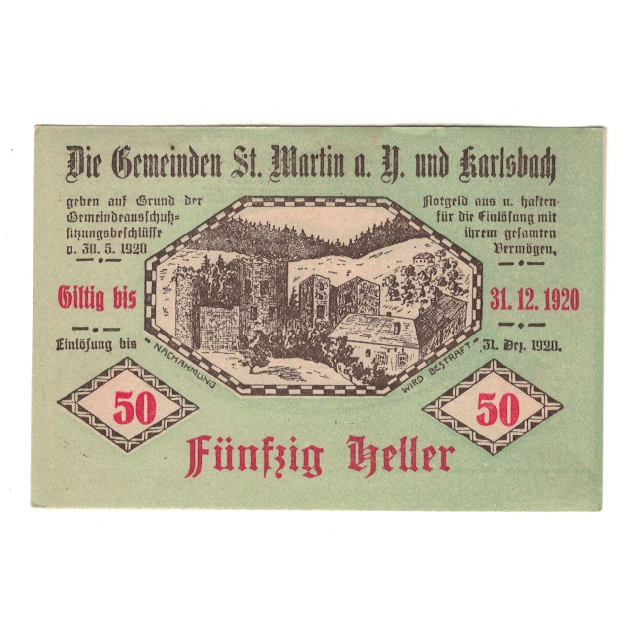 Billet, Autriche, St. Martin a.Y. und Karlsbach N.Ö. Gemeinden, 50 Heller