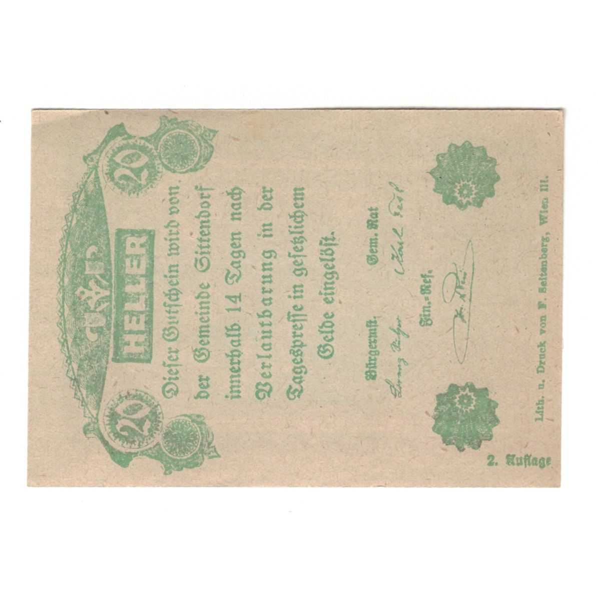 Banconote, Austria, Sittendorf N.Ö. Gemeinde, 20 Heller, Texte, SPL-, Mehl:FS