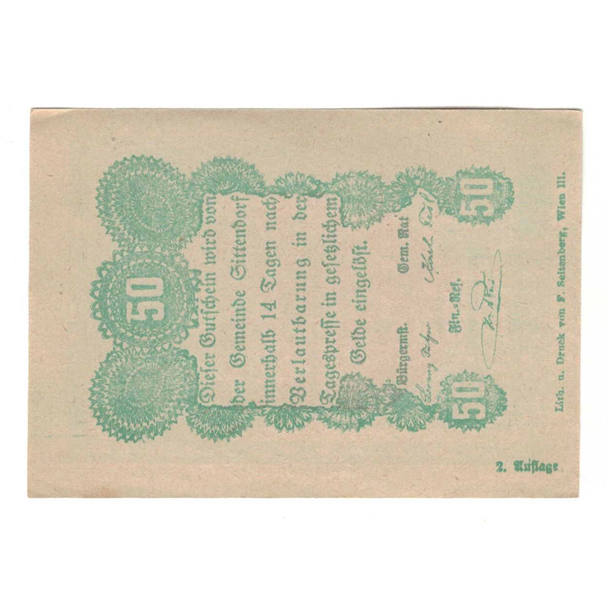 Billete, Austria, Sittendorf N.Ö. Gemeinde, 50 Heller, Texte, EBC, Mehl:FS 1001