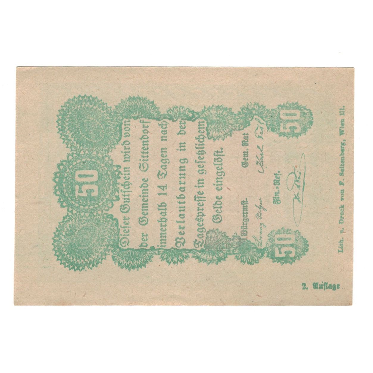 Banconote, Austria, Sittendorf N.Ö. Gemeinde, 50 Heller, texte 1, SPL-, Mehl:FS