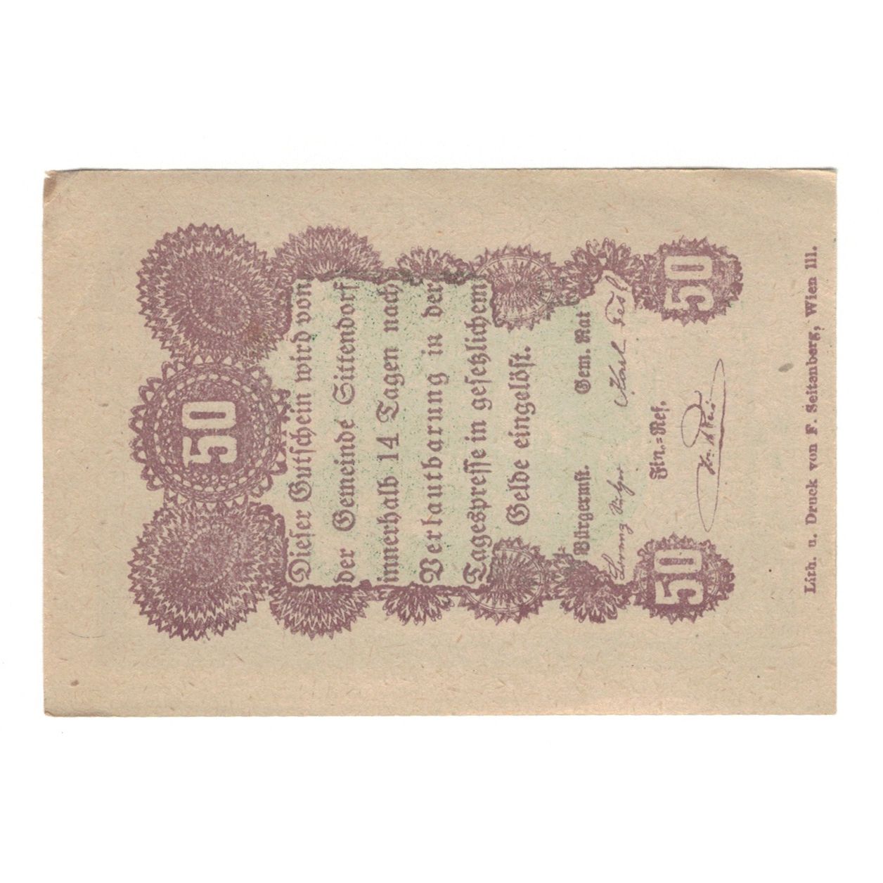 Banconote, Austria, Sittendorf N.Ö. Gemeinde, 50 Heller, Texte 2, SPL-, Mehl:FS