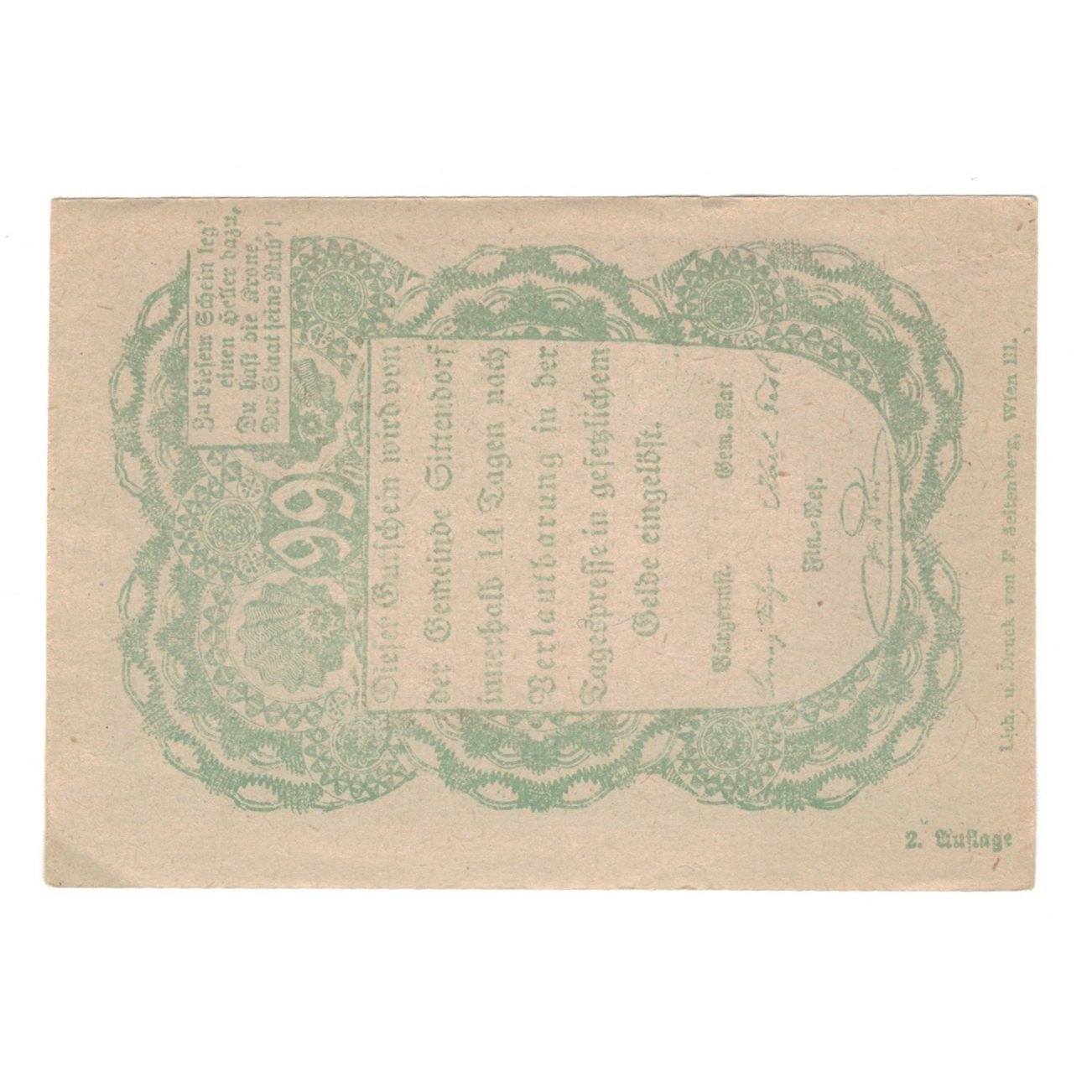 Biljet, Oostenrijk, Sittendorf N.Ö. Gemeinde, 99 Heller, Texte 4, SUP, Mehl:FS