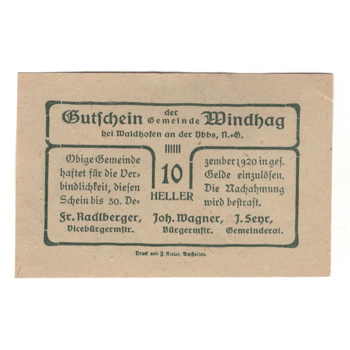 Banconote, Austria, Windhag bei Waidhofen an der Ybbs N.Ö. Gemeinde, 10 Heller