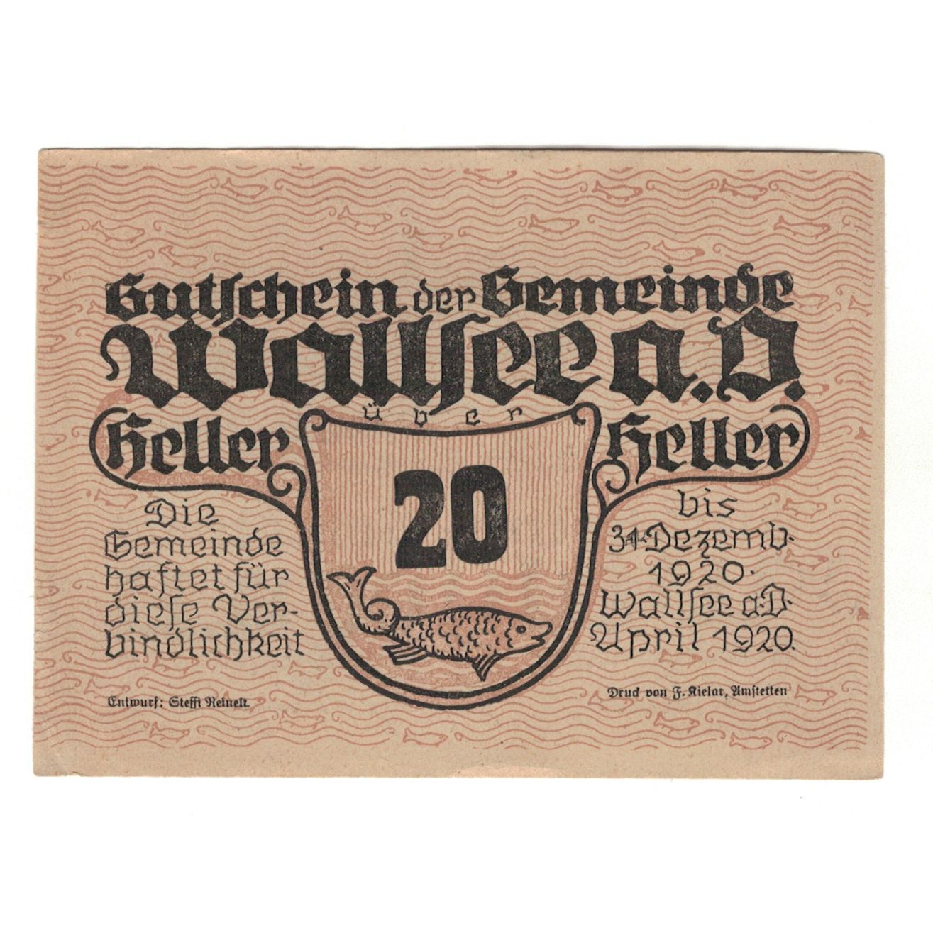 Banconote, Austria, Wallsee N.Ö. Gemeinde, 20 Heller, paysage, 1920