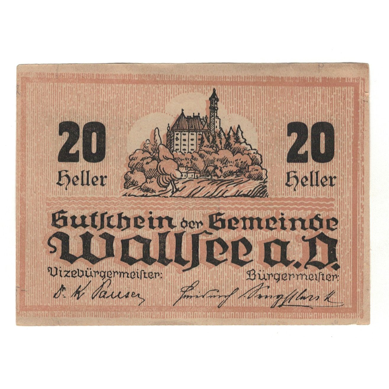 Banconote, Austria, Wallsee N.Ö. Gemeinde, 20 Heller, paysage, 1920