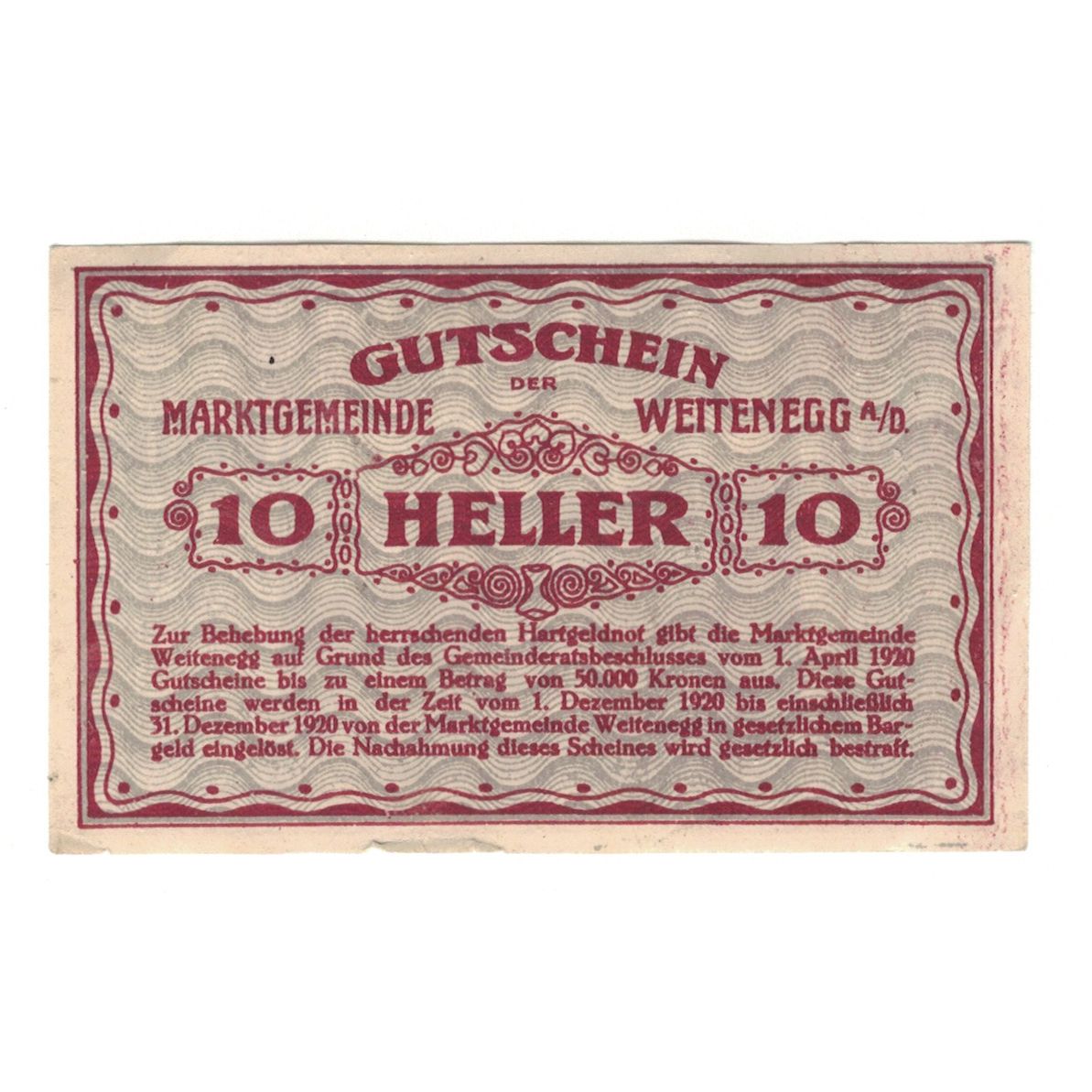 Biljet, Oostenrijk, Weitenegg N.Ö. Marktgemeinde, 10 Heller, paysage, 1920