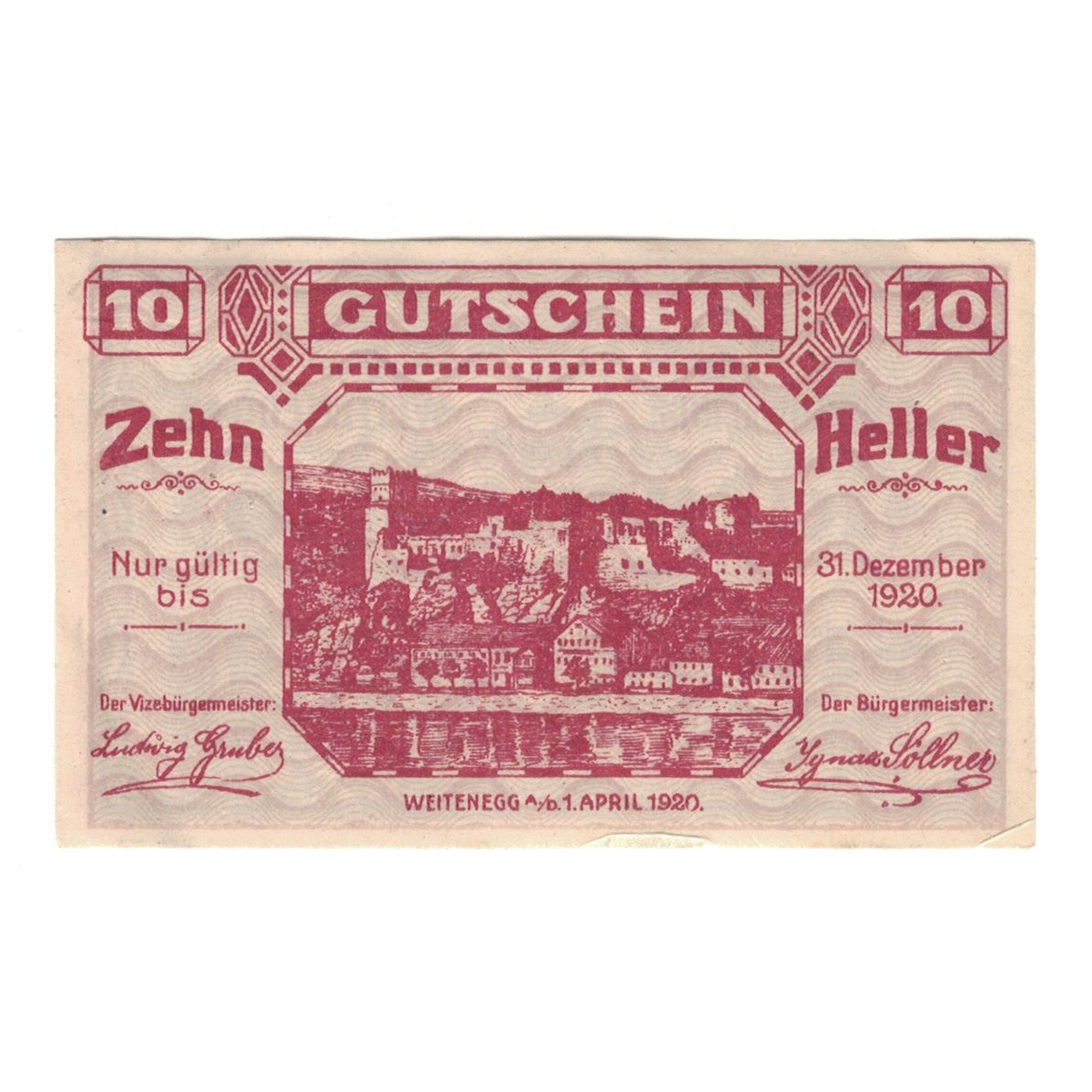 Biljet, Oostenrijk, Weitenegg N.Ö. Marktgemeinde, 10 Heller, paysage, 1920