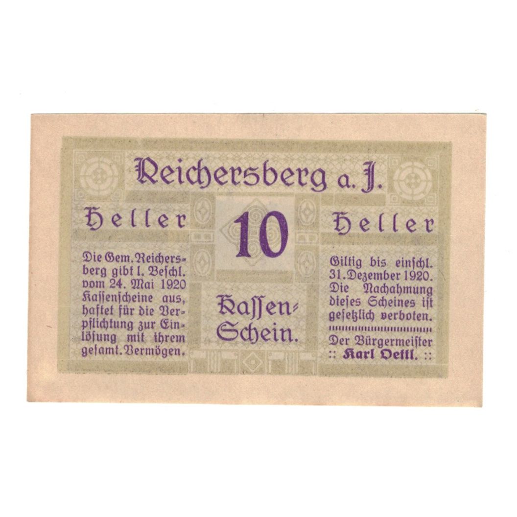 Banconote, Austria, Reichersberg O.Ö. Gemeinde, 10 Heller, Batiment, 1920