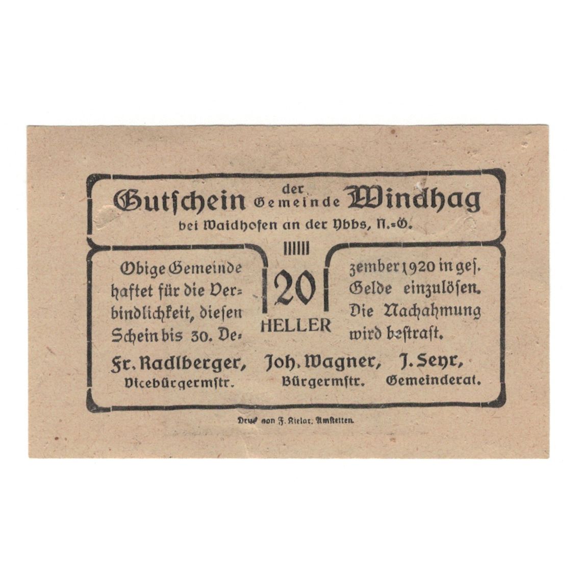 Biljet, Oostenrijk, Windhag bei Waidhofen an der Ybbs N.Ö. Gemeinde, 20 Heller